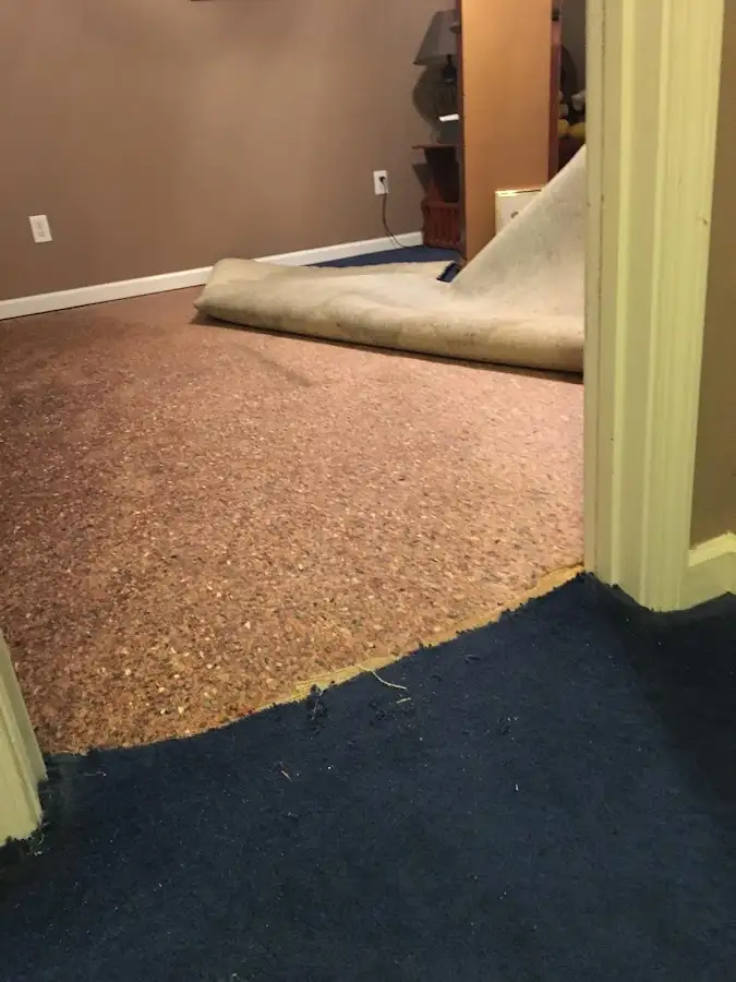 Carpet pad removal revealing water damage during Water Mitigation Services in Manalapan